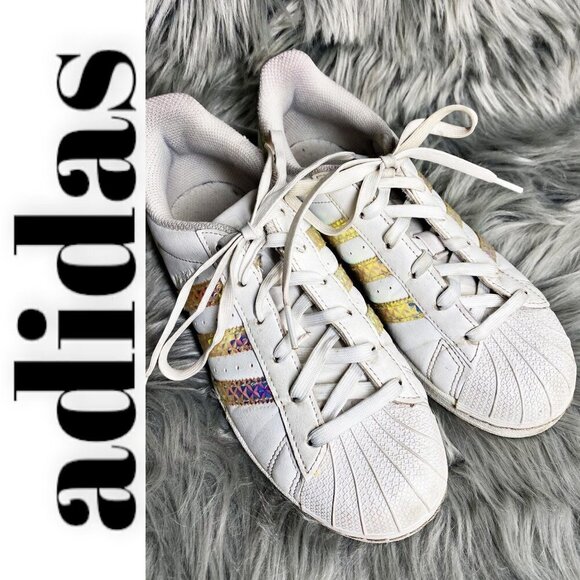 ADIDAS Superstar Sneakers White Leather Gold Metallic Stripes and Heel, Size 5.5 - Picture 1 of 10